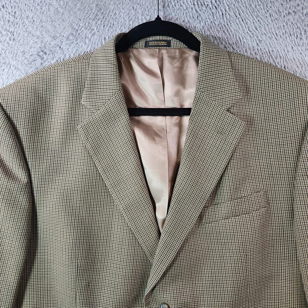 Stafford Suit Blazer Sport Coat Men 46R Wool Blend Houndstooth Khaki Brown‎